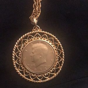Vintage 1974 Liberty Coin Dollar Necklace & Pendant JK Kennedy signed WLP